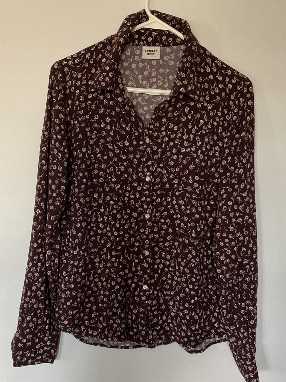 Sunday Best Women's Button-Down Shirt in Maroon with White Floral Print